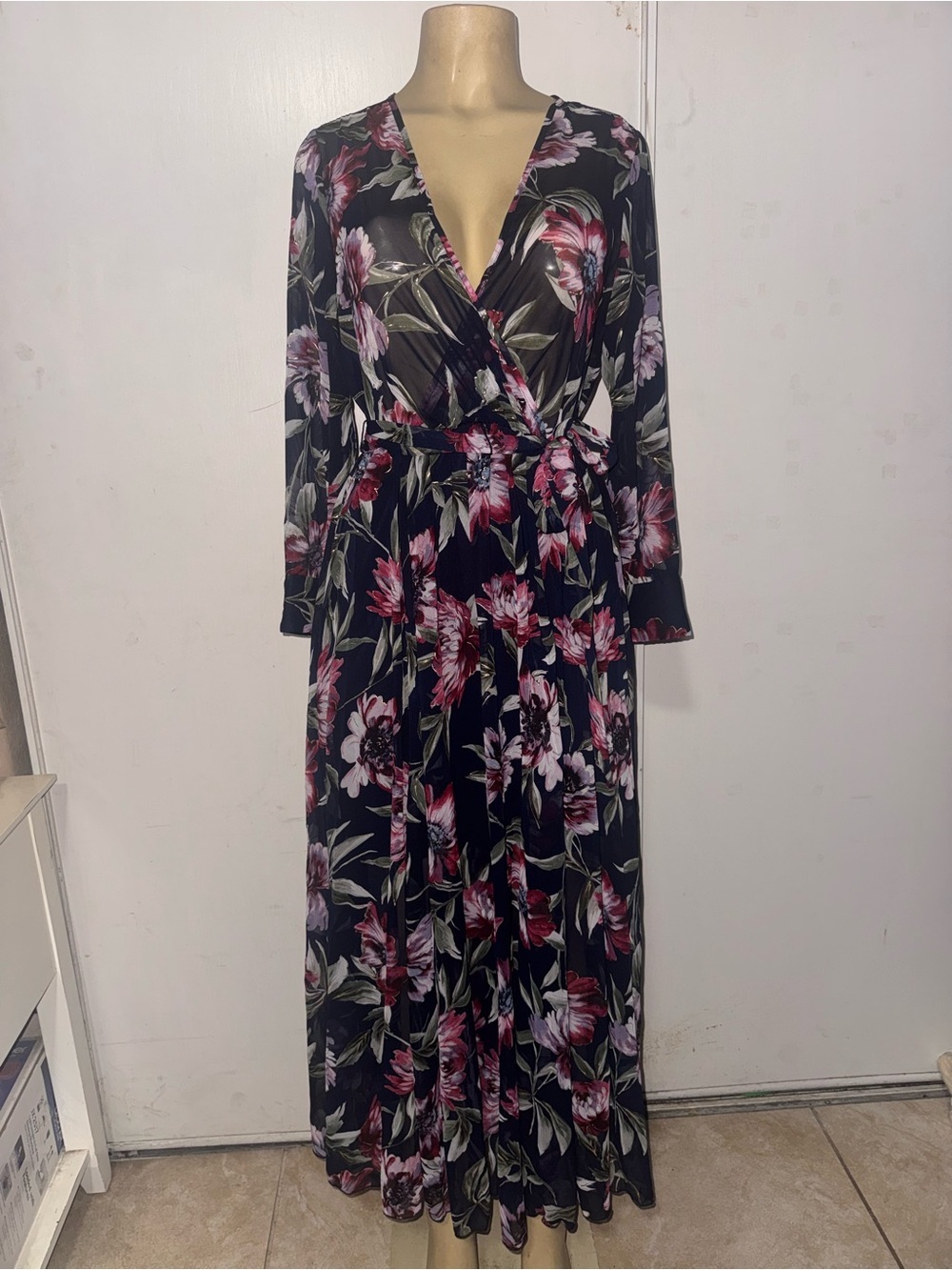Black Floral Wrap Maxi Dress with Pink Blooms and Tie Waist